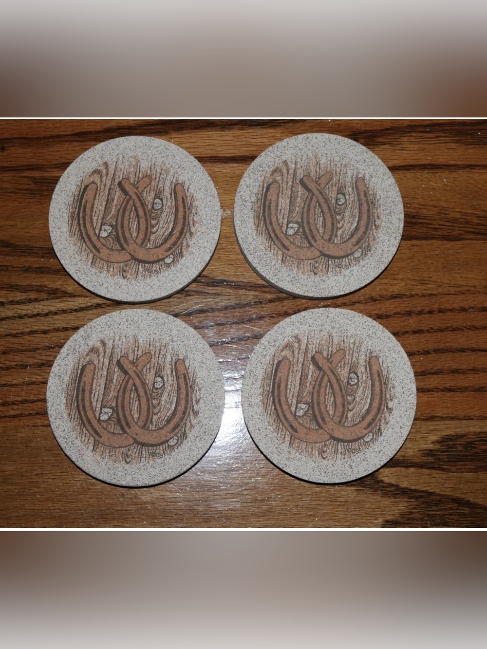 Set of 4 Round Stone Coasters with Cork Back - Horseshoe Design
